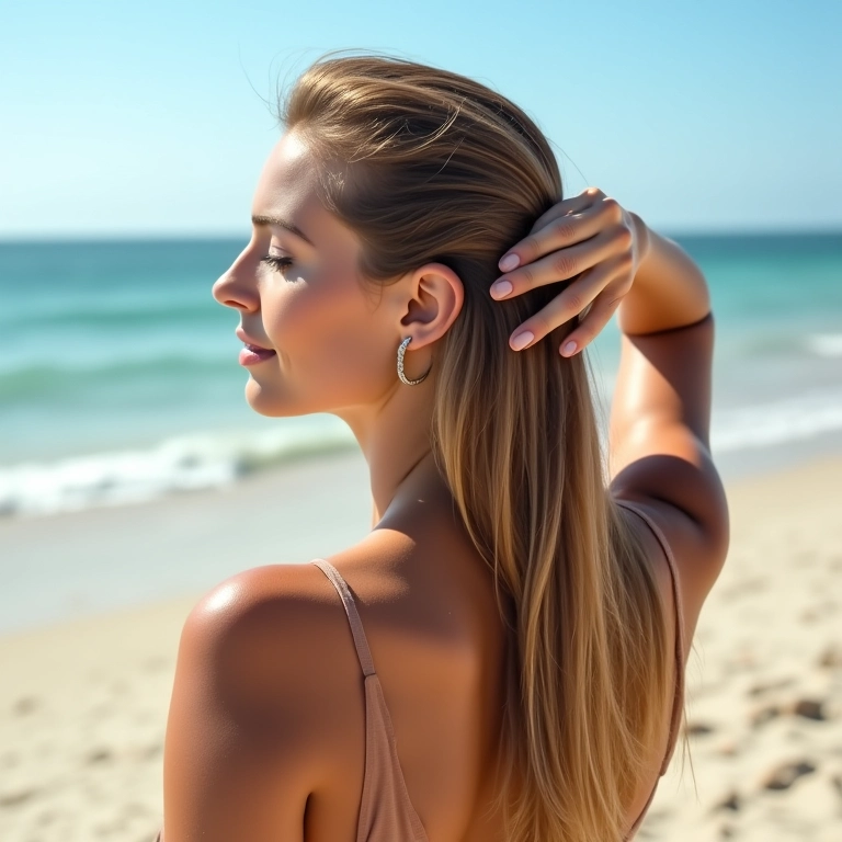 Mulher aplica leave-in com proteção solar nos cabelos na praia.