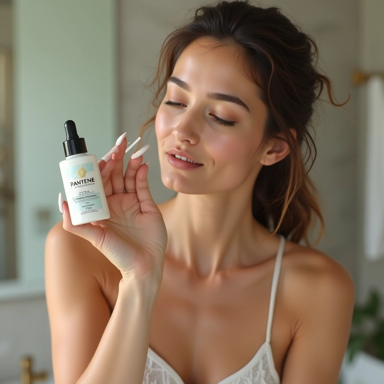 Mulher aplicando ampola capilar Pantene Hidro-Cauterização no banheiro.