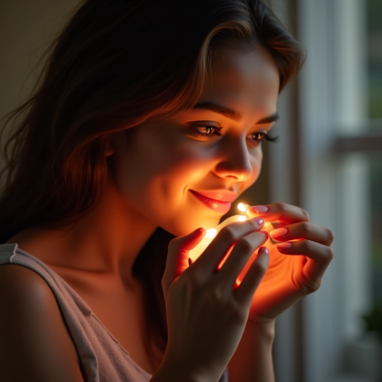 Mulher aplicando babylights em casa.