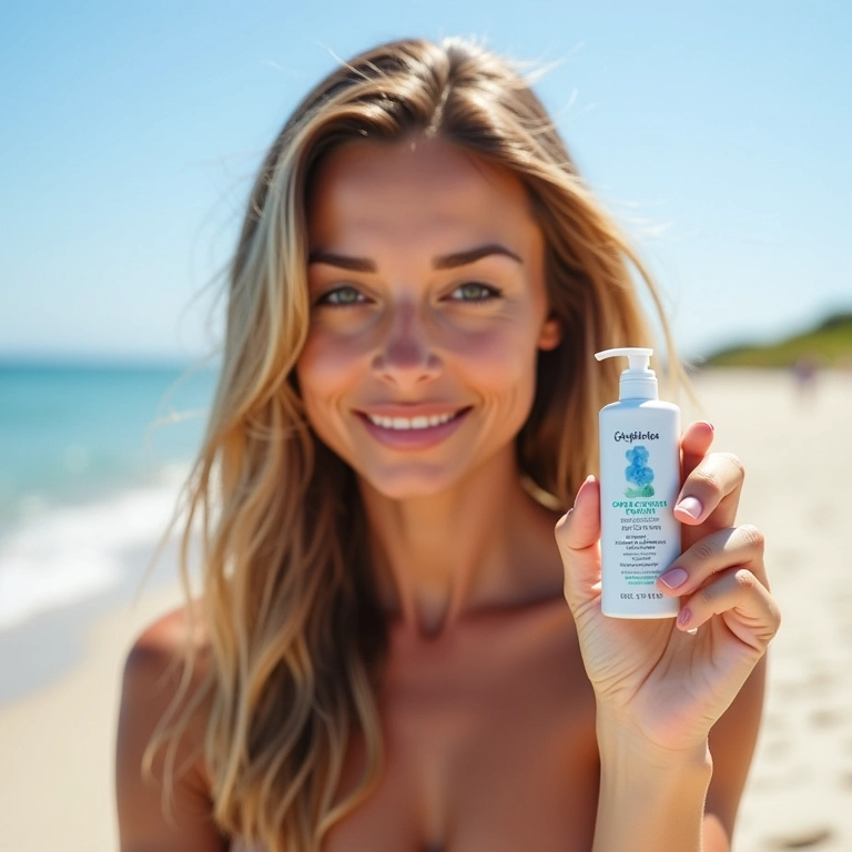 Mulher aplicando condicionador nutritivo com proteção solar na praia.