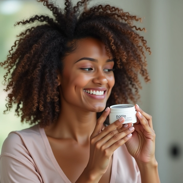 Mulher aplicando creme de definição em seus cachos, escolhendo os produtos certos para o 'day after'.