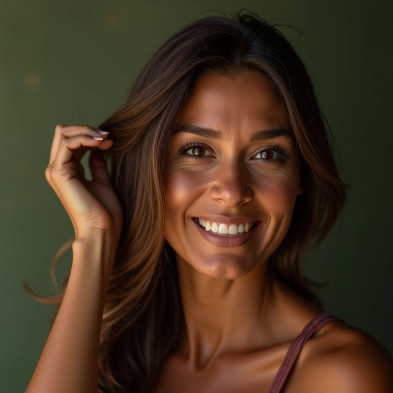 Mulher aplicando Elseve Reparação Total 5, cabelos brilhantes e saudáveis.