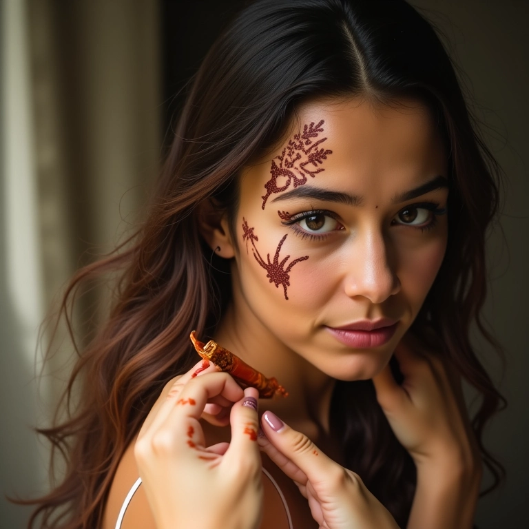 Mulher aplicando henna no cabelo com luz natural.
