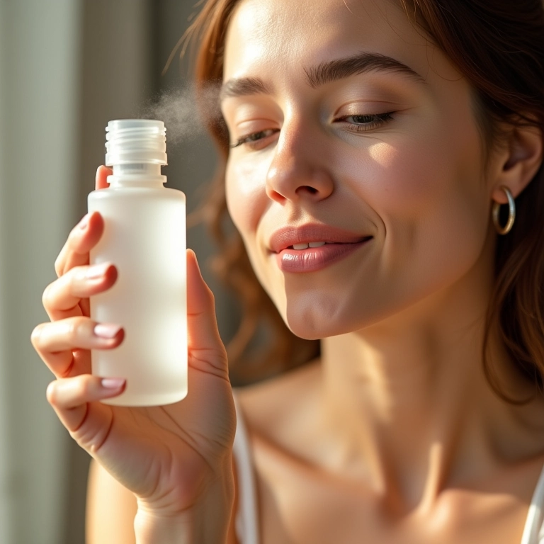 Mulher aplicando hidrolato facial para hidratação.