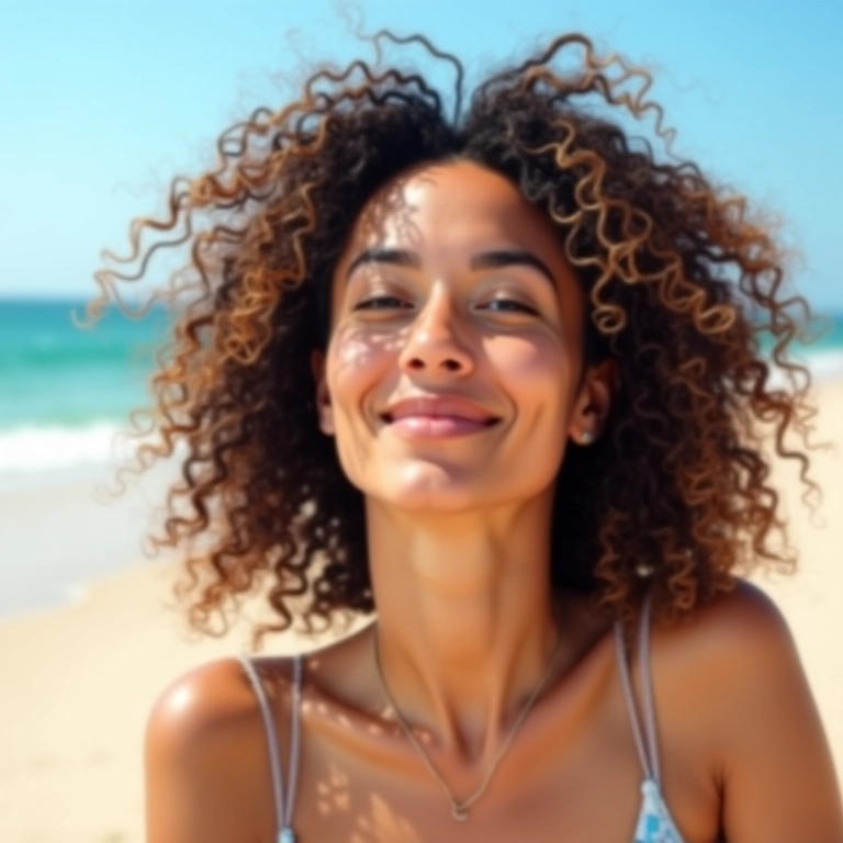 Mulher aplicando leave-in com filtro solar no cabelo cacheado na praia.