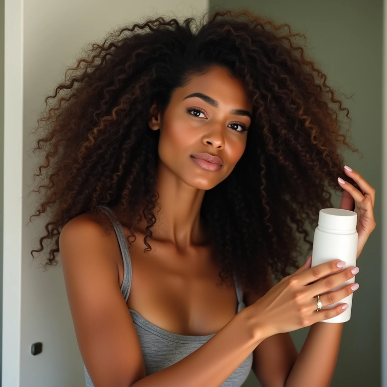 Mulher aplicando leave-in para cabelo grosso e volumoso.