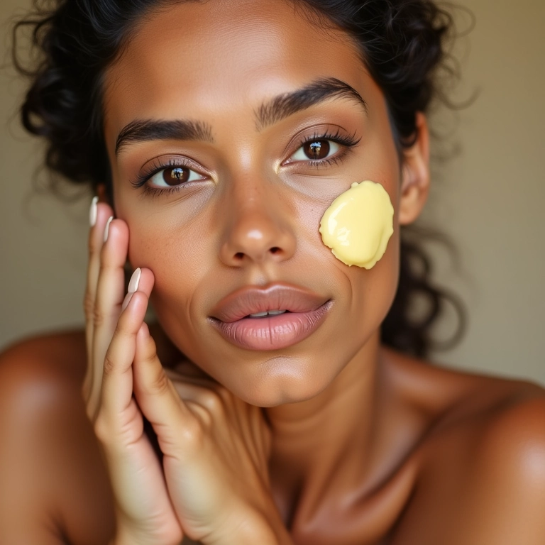 Mulher aplicando manteiga de karité pura no rosto, beleza natural.