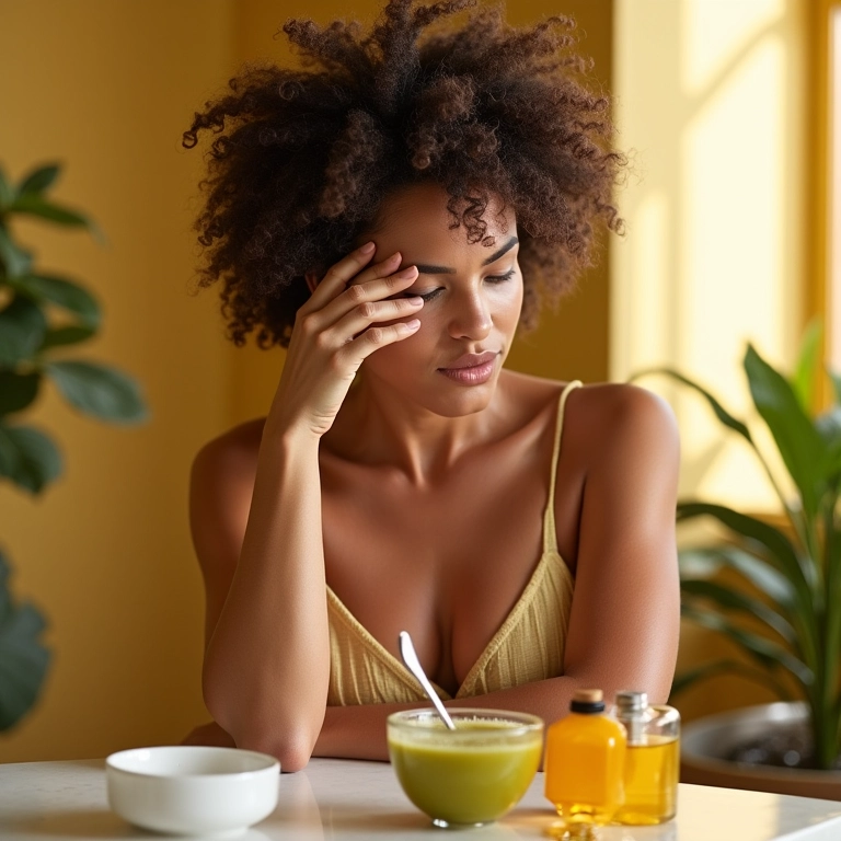 Mulher aplicando máscara capilar nutritiva com óleos vegetais.