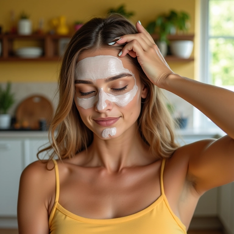 Mulher aplicando máscara de maisena e leite no cabelo em uma cozinha colorida e alegre.
