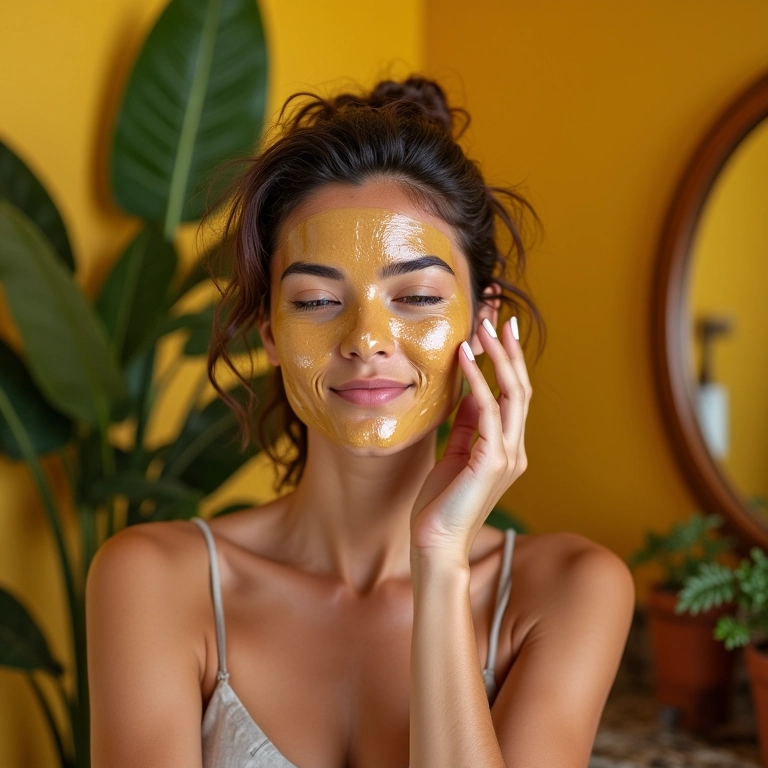 Mulher aplicando máscara de mel e azeite no cabelo em um banheiro com decoração brasileira e luz natural.