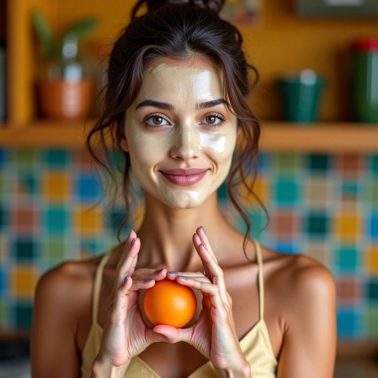 Mulher aplicando máscara de ovo no cabelo em uma cozinha com azulejos brasileiros e decoração colorida.