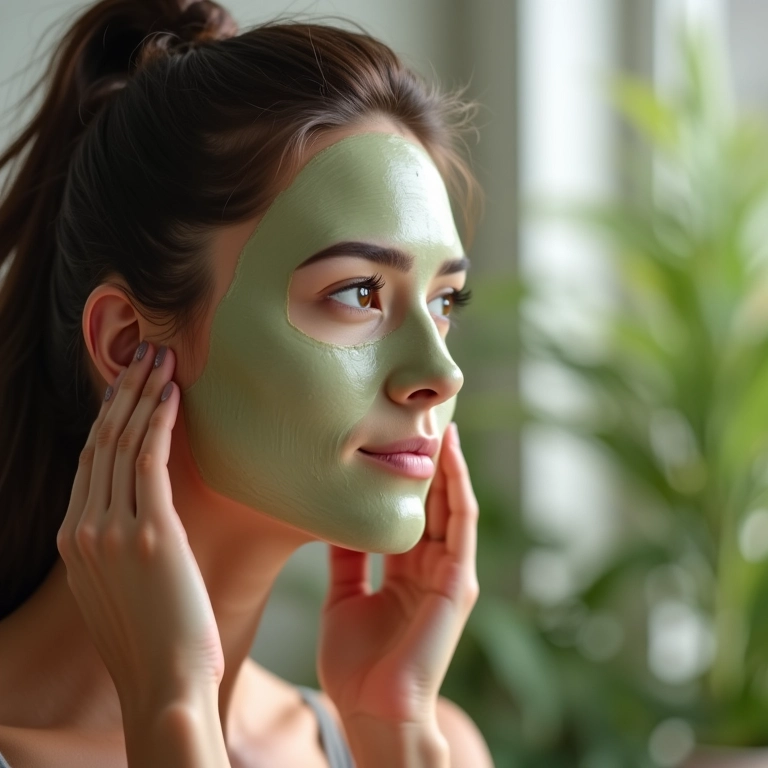 Mulher aplicando máscara detox capilar em um banheiro iluminado e cheio de plantas.