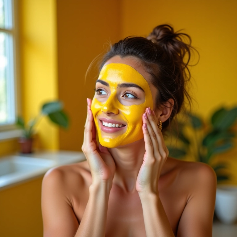 Mulher aplicando máscara facial caseira de mel.