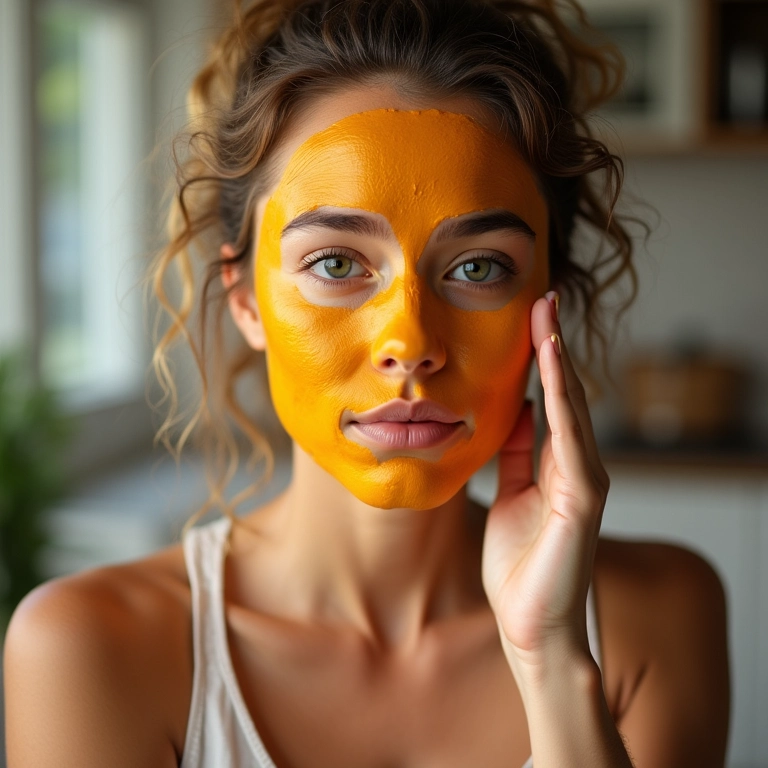 Mulher aplicando máscara facial de açafrão para tratamento de acne.