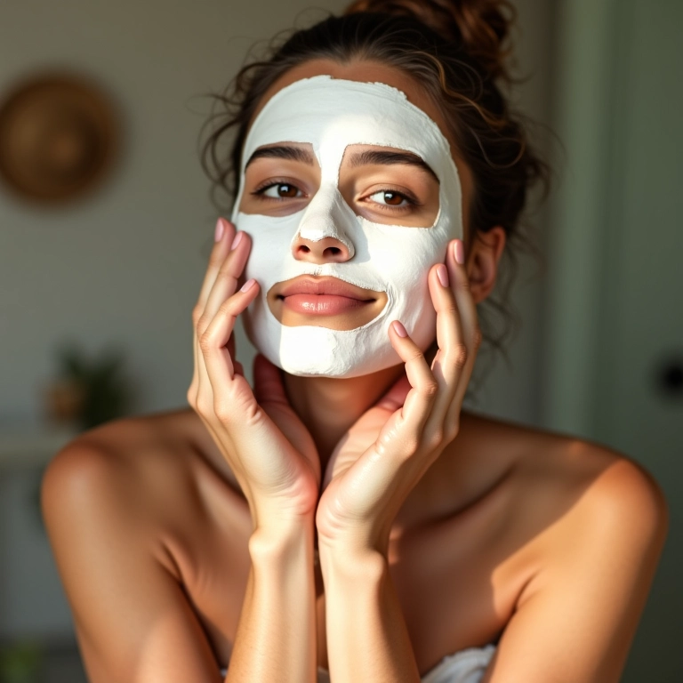 Mulher aplicando máscara facial de hidratação leve.