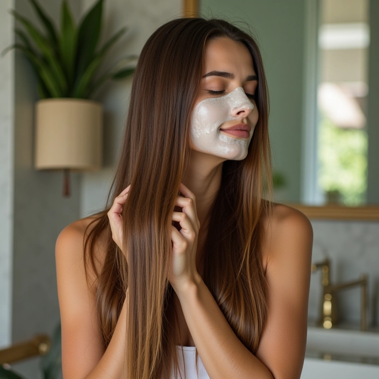 Mulher aplicando máscara hidratante em cabelo saudável.