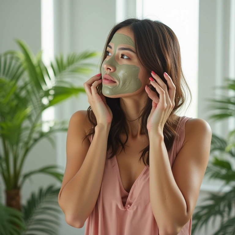 Mulher aplicando máscara hidratante no cabelo em banheiro iluminado com plantas tropicais.