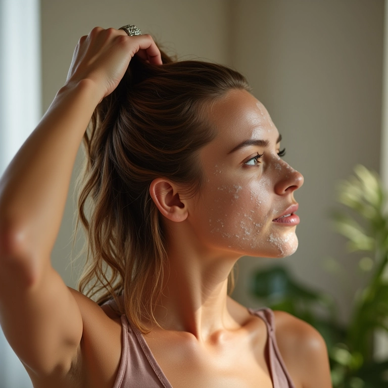 Mulher aplicando máscara hidratante no cabelo seco
