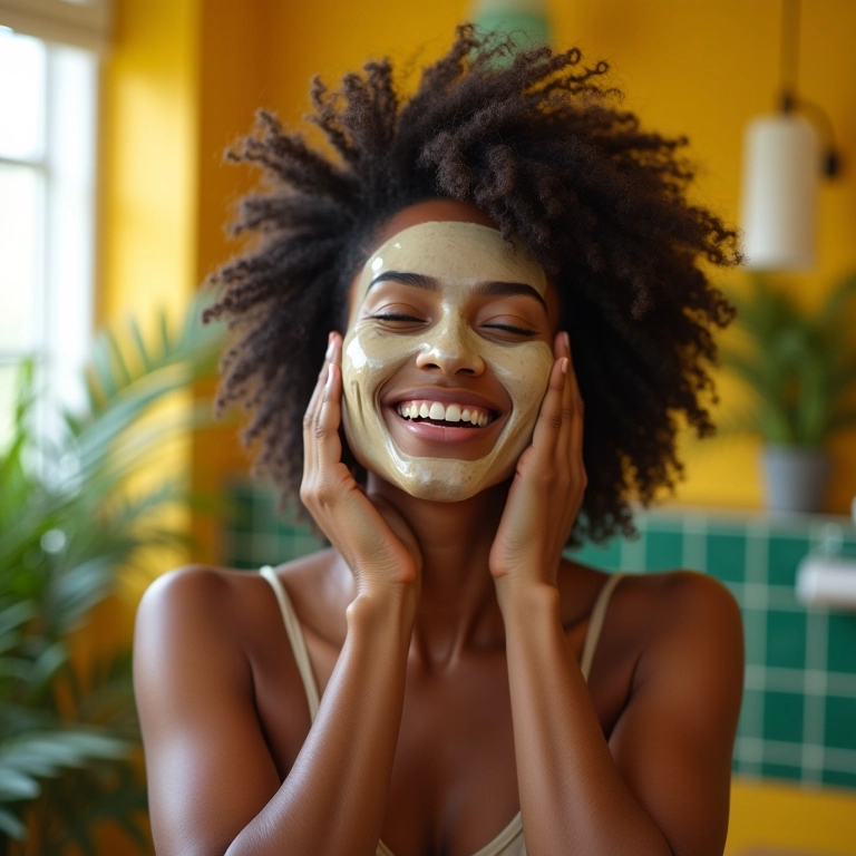 Mulher aplicando máscara nutritiva no cabelo em banheiro com decoração brasileira.