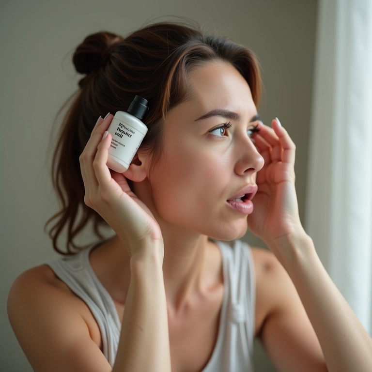 Mulher aplicando Minoxidil no couro cabeludo para estimular o crescimento.