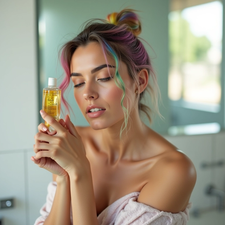 Mulher aplicando óleo capilar em cabelo colorido.