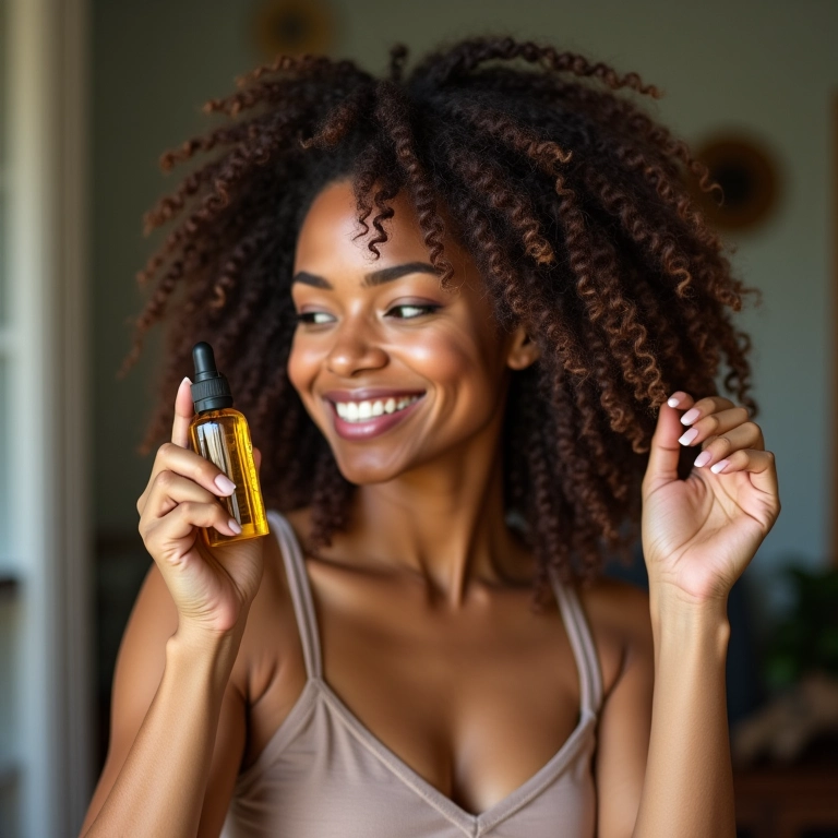 Mulher aplicando óleo de argan, fortalecendo os cabelos.