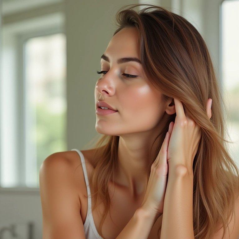 Mulher aplicando óleo de Argan no cabelo seco para hidratação.