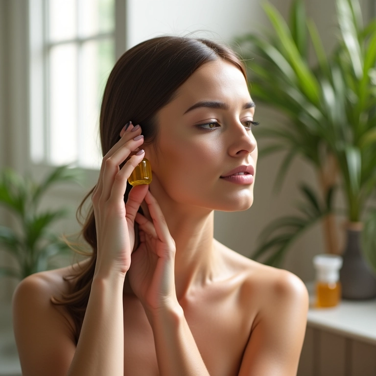 Mulher aplicando óleo de argan nos cabelos no banheiro.