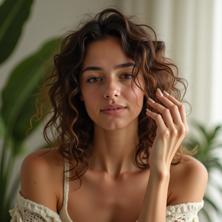 Mulher aplicando óleo reparador em cabelo seco e com frizz em casa.