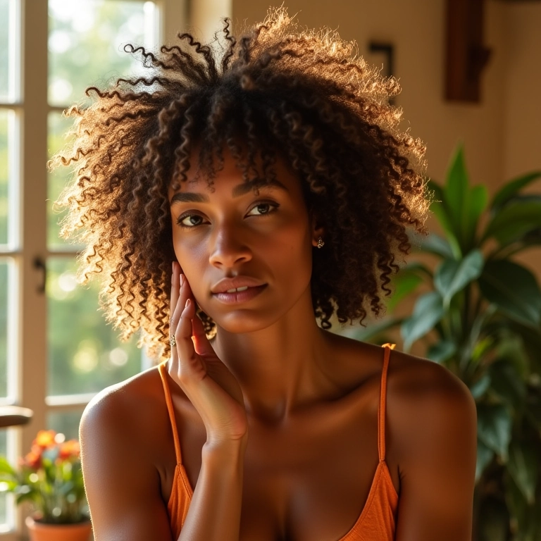 Mulher aplicando óleo reparador no cabelo cacheado em um ambiente vibrante e ensolarado.