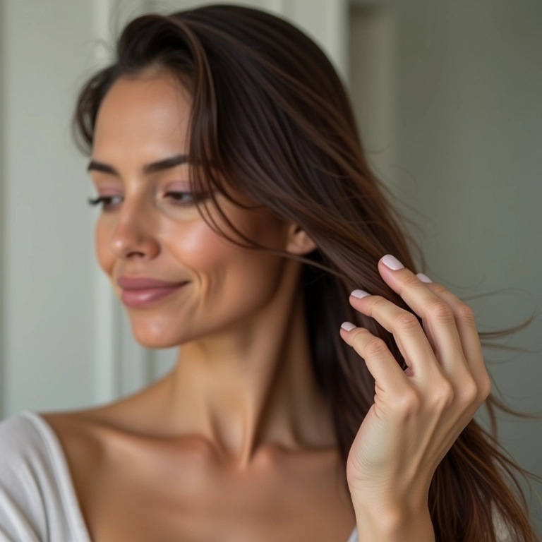 Mulher aplicando pré-shampoo nas pontas do cabelo para proteção.