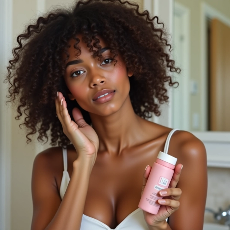 Mulher aplicando produto multifuncional no cabelo cacheado para otimizar o 'day after'.