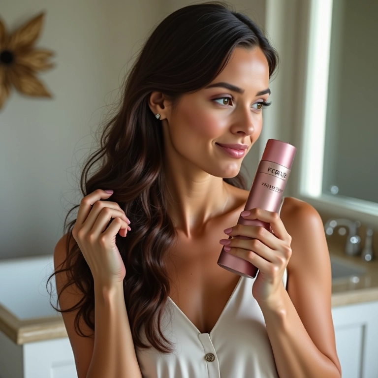 Mulher aplicando produto para dar volume à franja.