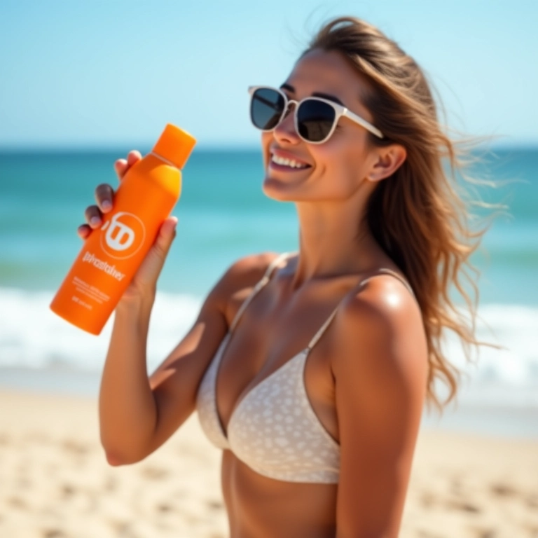 Mulher aplicando protetor térmico com proteção UV na praia.