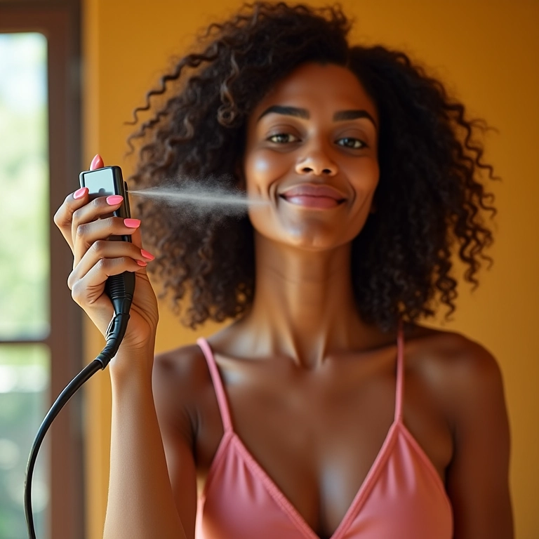 Mulher aplicando protetor térmico no cabelo antes de usar a chapinha.