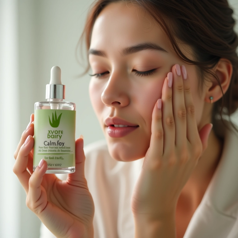 Mulher aplicando sérum calmante com extrato de aloe vera.