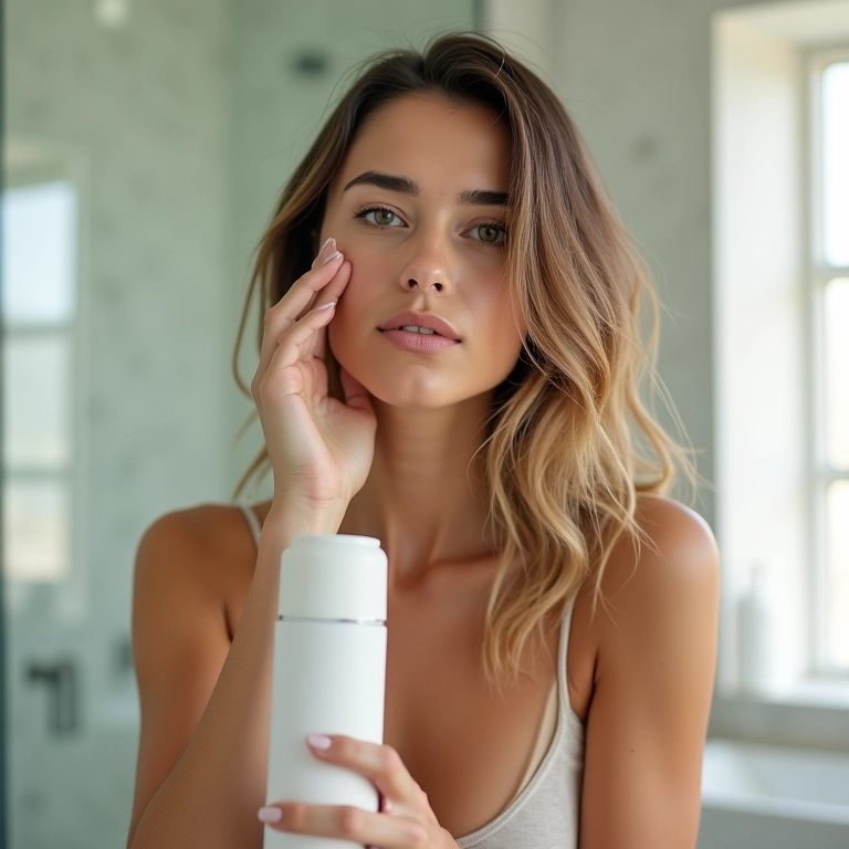 Mulher aplicando shampoo a seco no cabelo levemente oleoso em banheiro moderno.