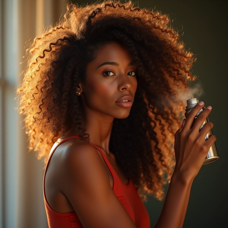 Mulher aplicando shampoo a seco para dar volume ao cabelo fino.