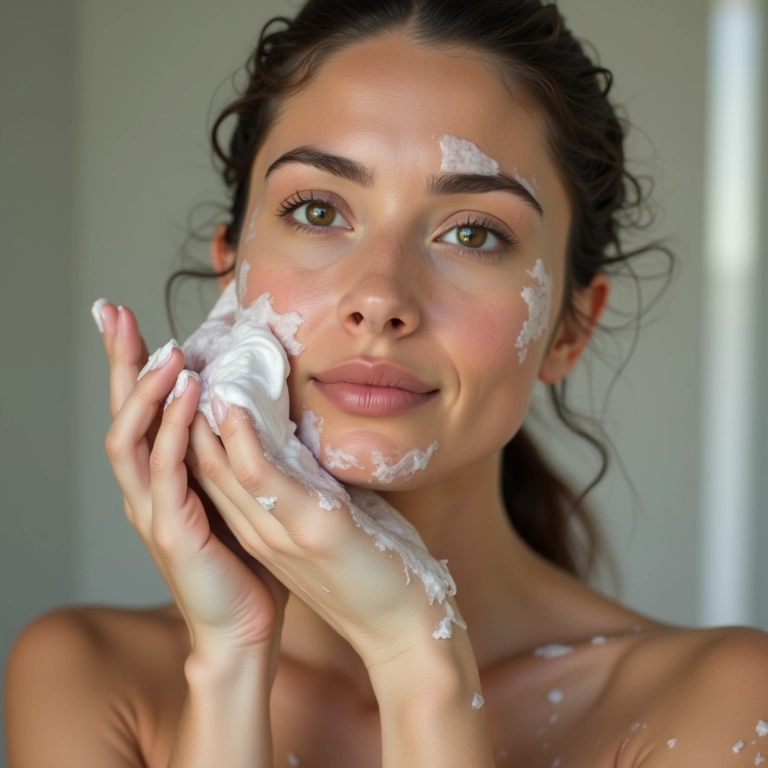 Mulher aplicando shampoo detox para lavagem profunda.