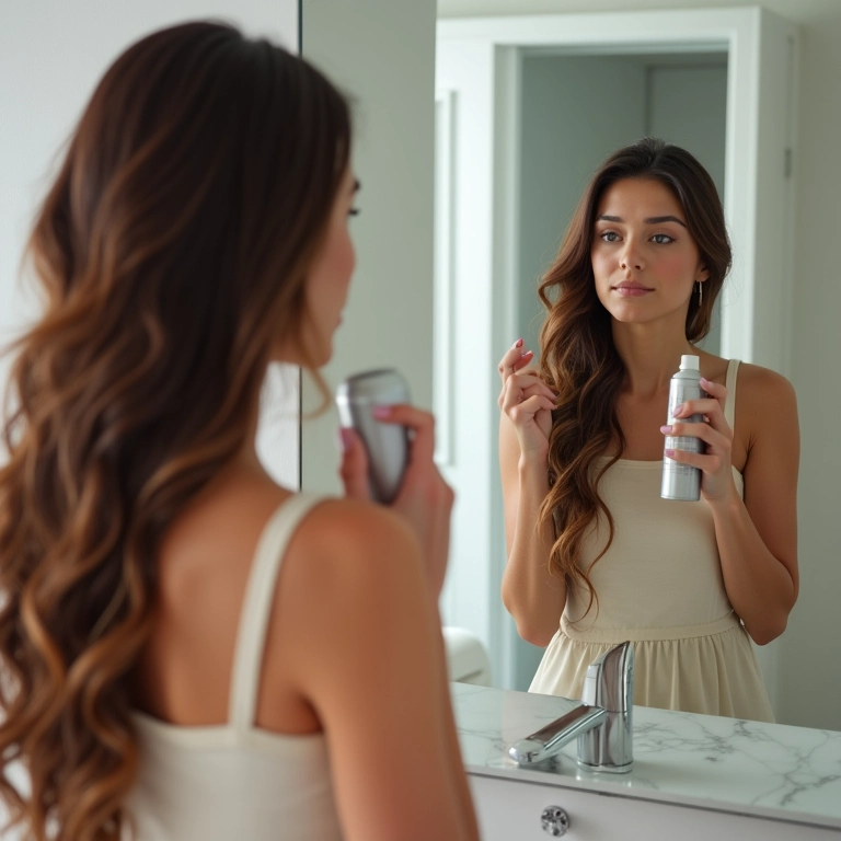 Mulher aplicando spray antifrizz no cabelo em frente ao espelho.