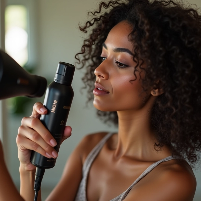 Mulher aplicando spray de brilho com proteção térmica antes de usar secador.