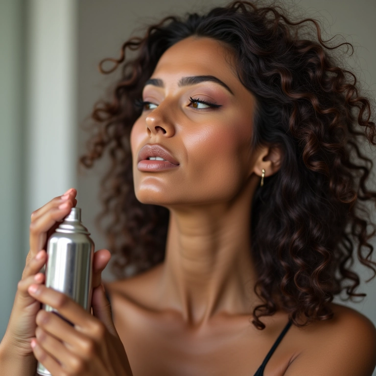 Mulher aplicando spray fixador sem álcool no cabelo, maquiagem natural.