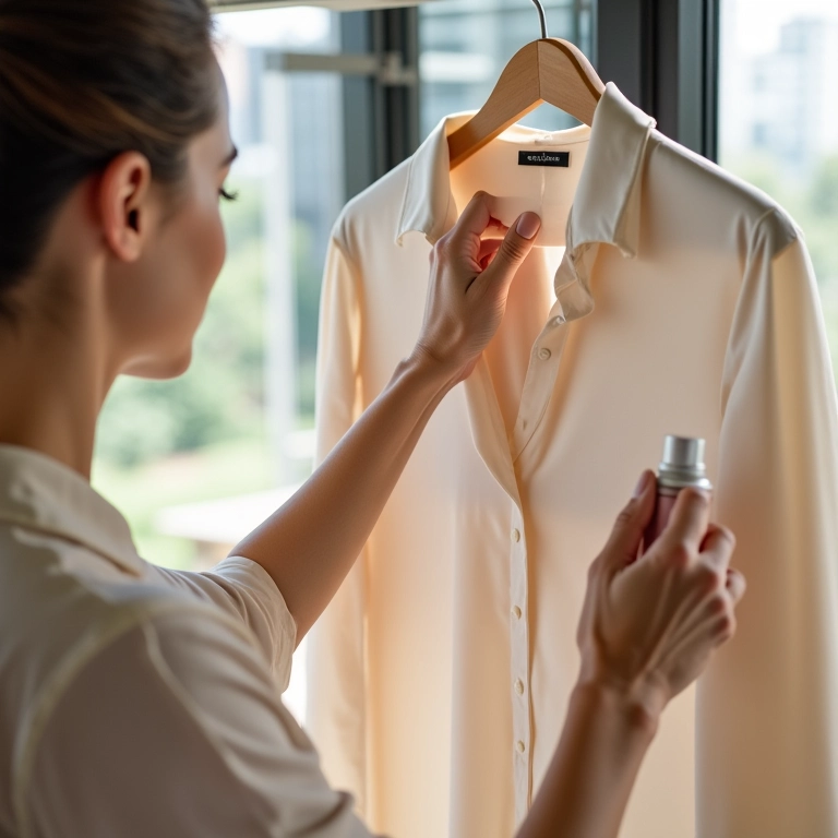 Mulher aplicando spray protetor em blusa de seda delicada.