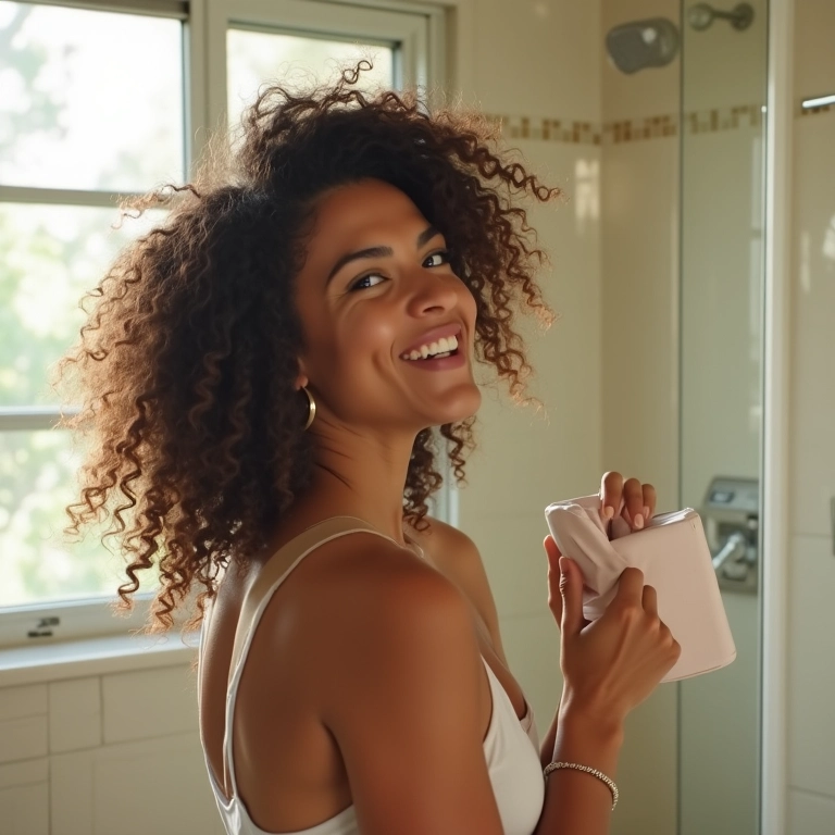 Mulher aplicando vinagre de maçã no cabelo cacheado em banheiro iluminado com azulejos brasileiros.