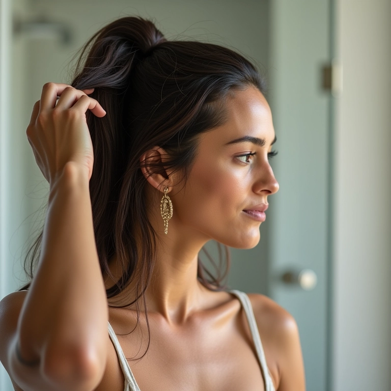 Mulher aplicando vinagre de maçã no cabelo para brilho e saúde.
