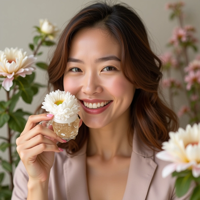 Mulher apreciando a fragrância suave de um creme para cabelo cacheado.