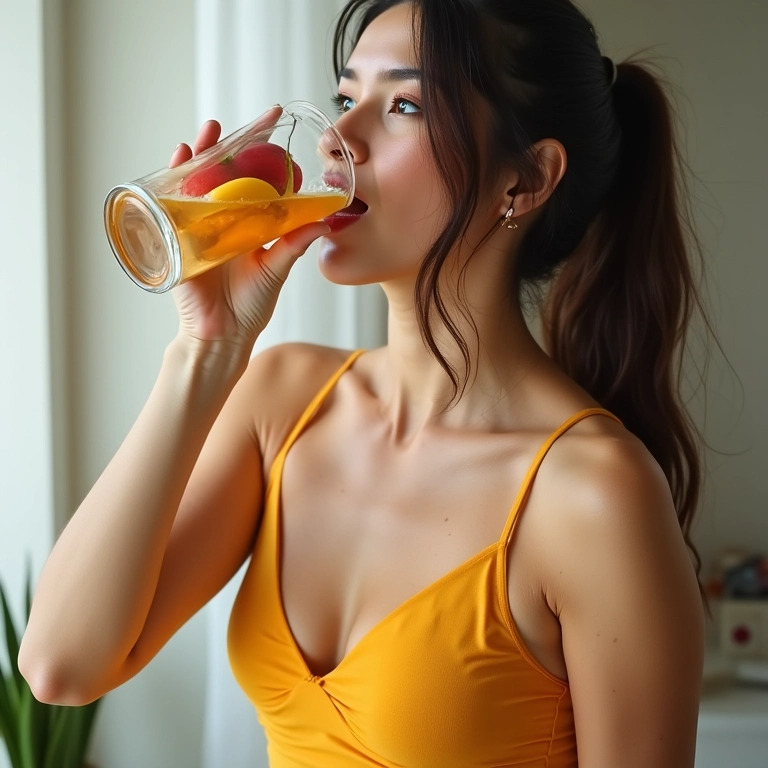 Mulher bebendo água com frutas.