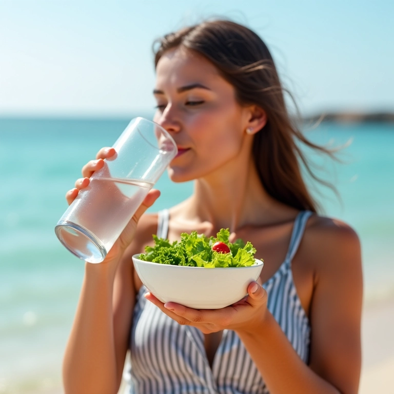 Mulher bebendo água e comendo salada saudável na praia.