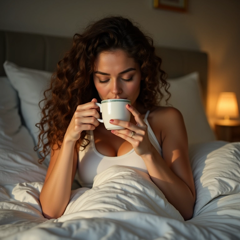 Mulher bebendo chá de camomila antes de dormir.