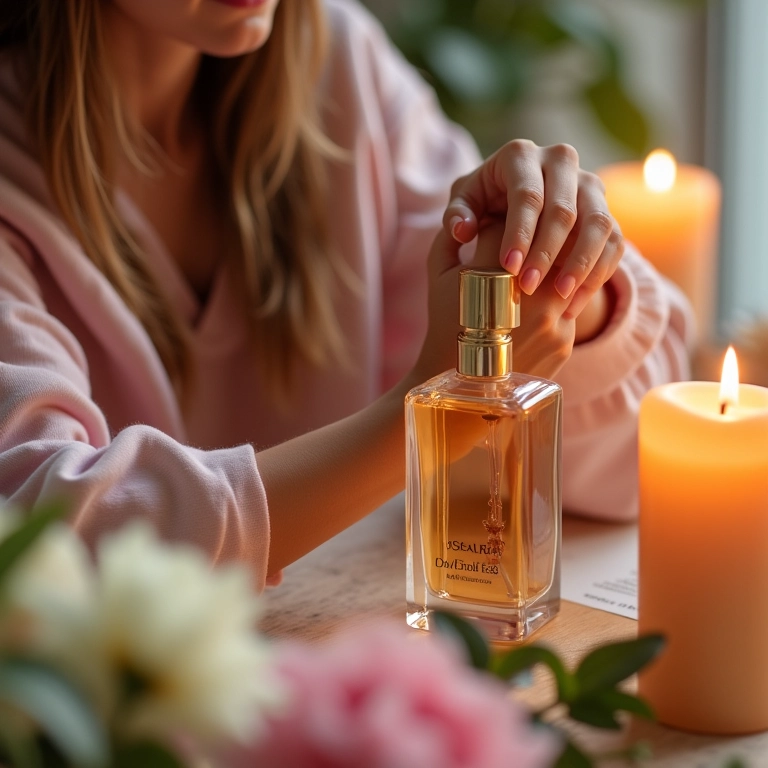 Mulher borrifando perfume floral suave no pulso, cercada por flores.